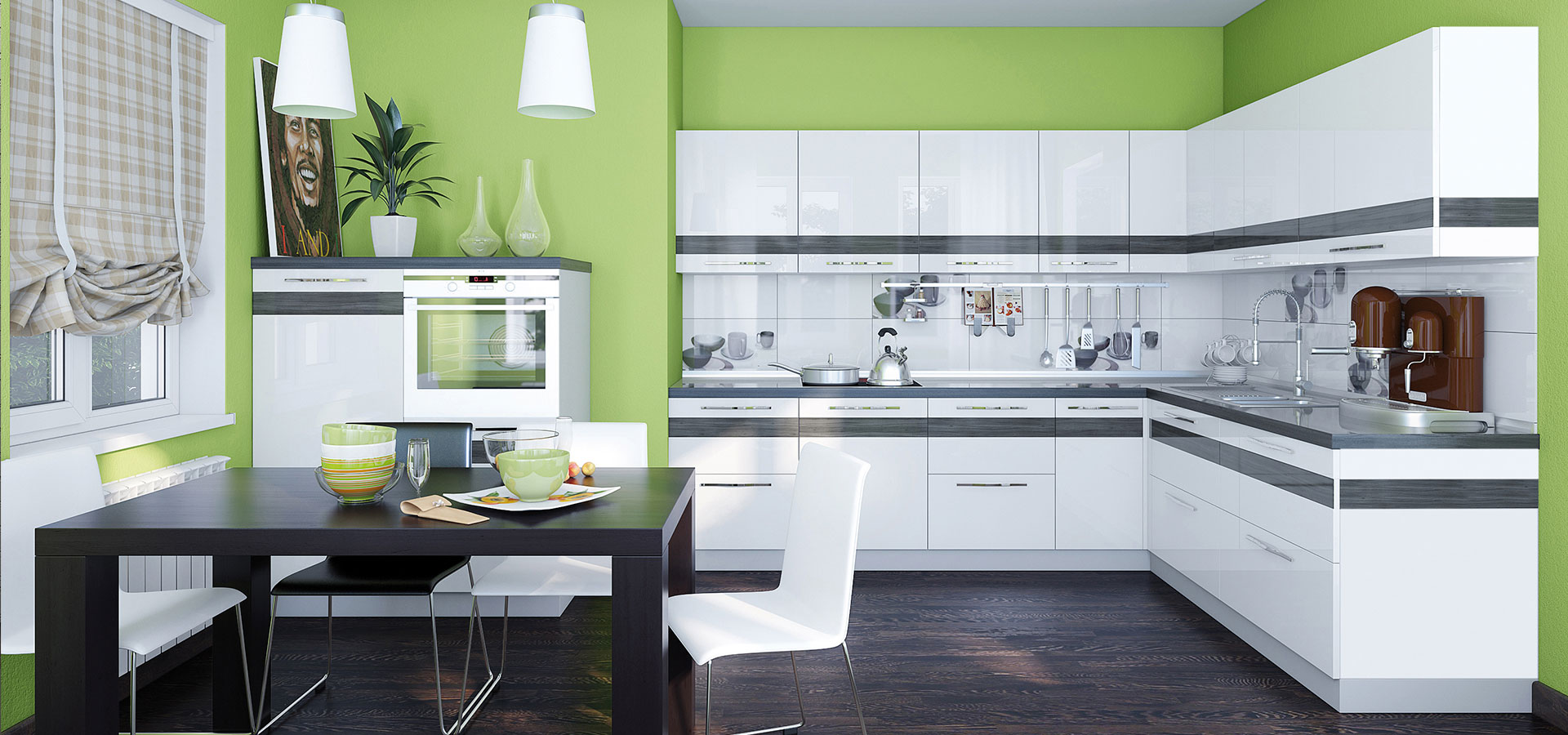 Белая кухня с зелеными обоями